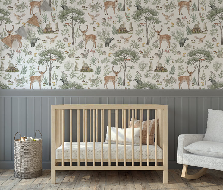 white fantastic forest nursery wallpaper mural by kikki belle