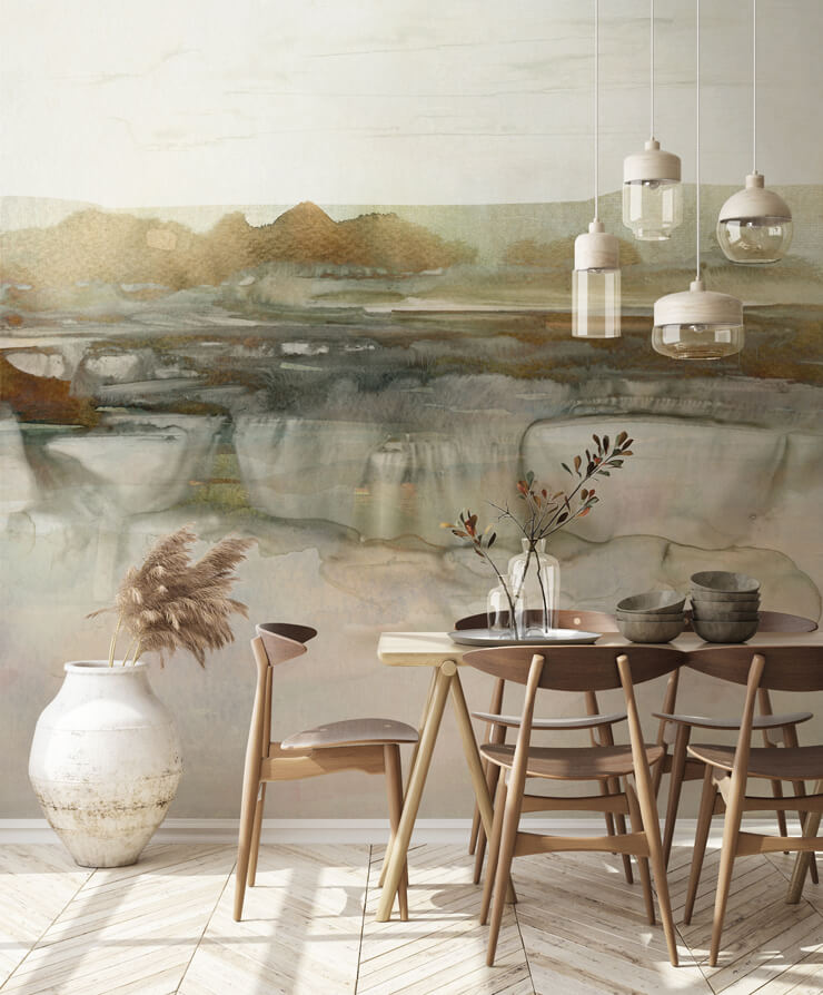 soft waterfall wallpaper mural in a dining room