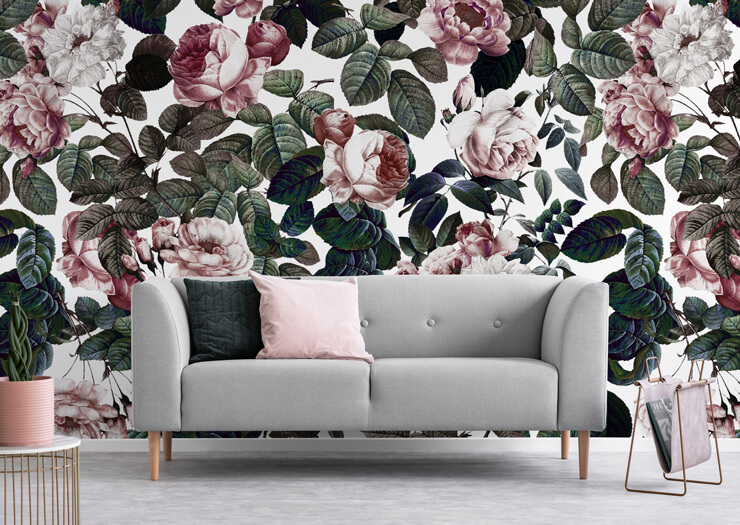 dusty pink garden wallpaper mural in a living room