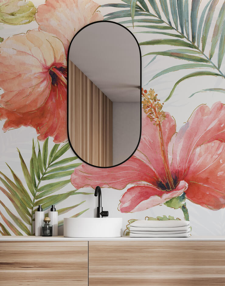 tropical blush floral wallpaper mural in a bathroom