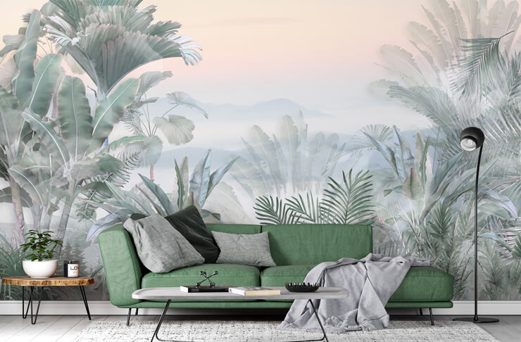 tranquil jungle wallpaper mural in a living room for 2026