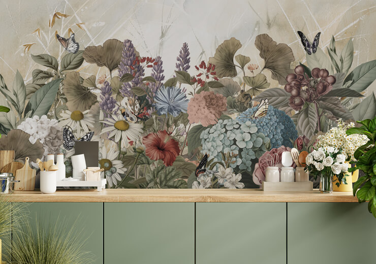 morning flowery wall mural in a dark green kitchen 2026 morning flowery wall mural in a dark green kitchen 2026