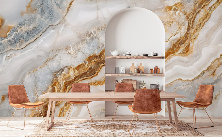 white grey and gold swirls marble wall mural in a kitchen and dining room white grey and gold swirls marble wall mural in a kitchen and dining room