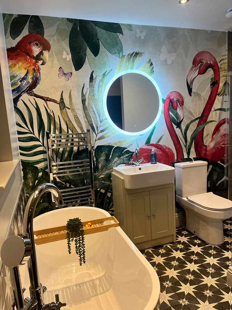 flamingo jungle maximalist wall mural bathroom 2026 trend