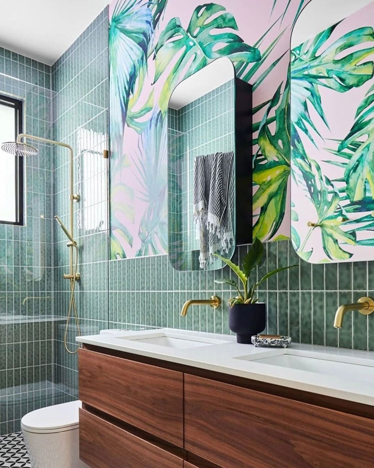 pink and green jungle bathroom mural