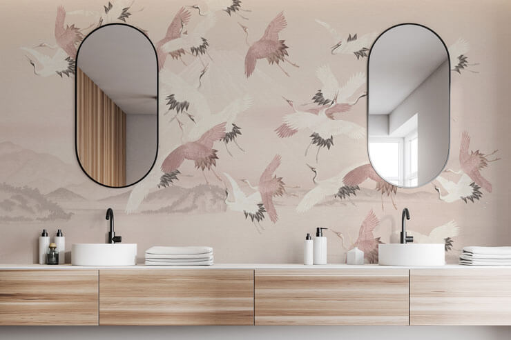 vintage pink cranes japanese style wall mural in a bathroom