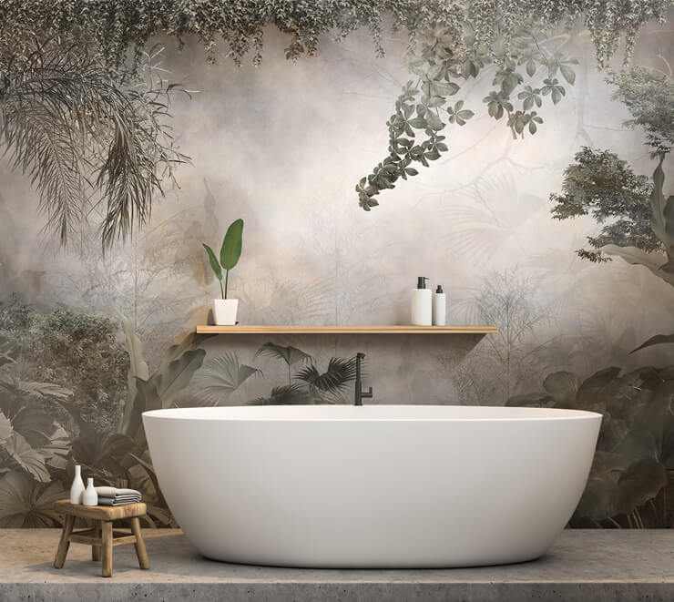 mysterious jungle view mural in a bathroom