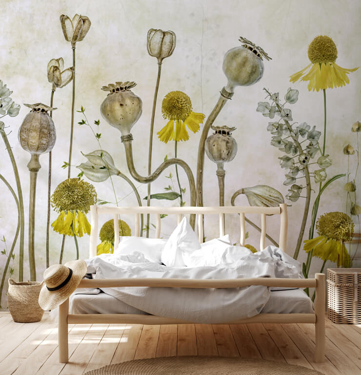 poppies and helenium floral mural in a master bedroom