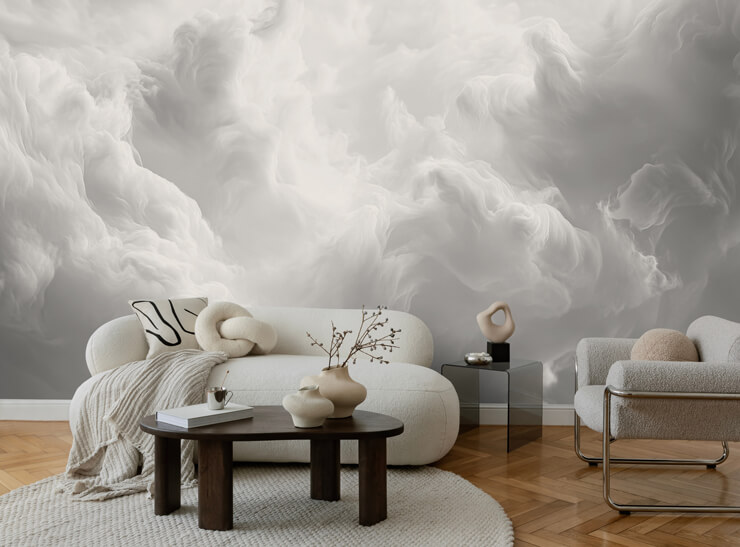 abstract clouds white wall mural in a living room abstract clouds white wall mural in a living room