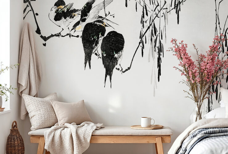 perched magpies oriental mural in a bedroom perched magpies oriental mural in a bedroom