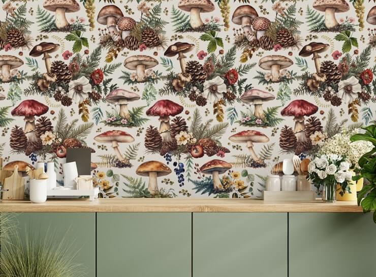 mushroom woodland wall mural in a stylish kitchen