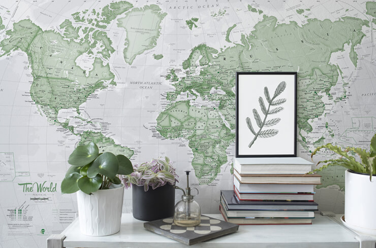 world political green map mural in a home office