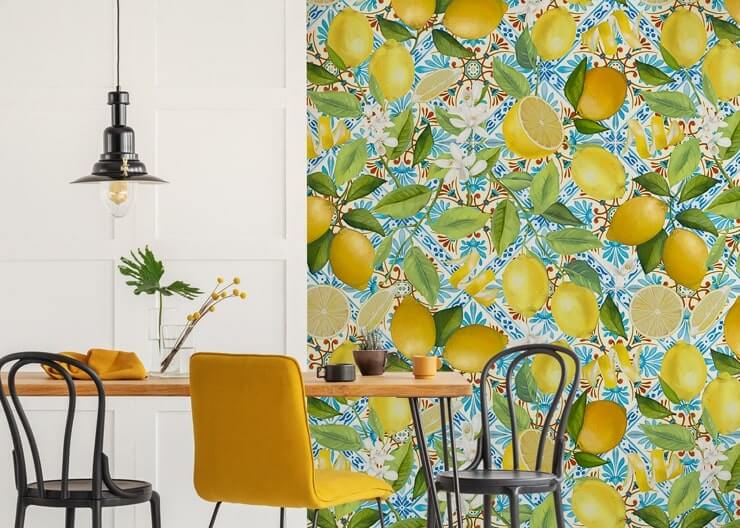 yellow and blue lemon mural in a kitchen dining room