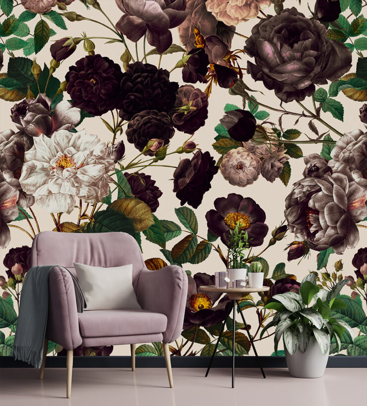 the purple garden dark floral living room mural
