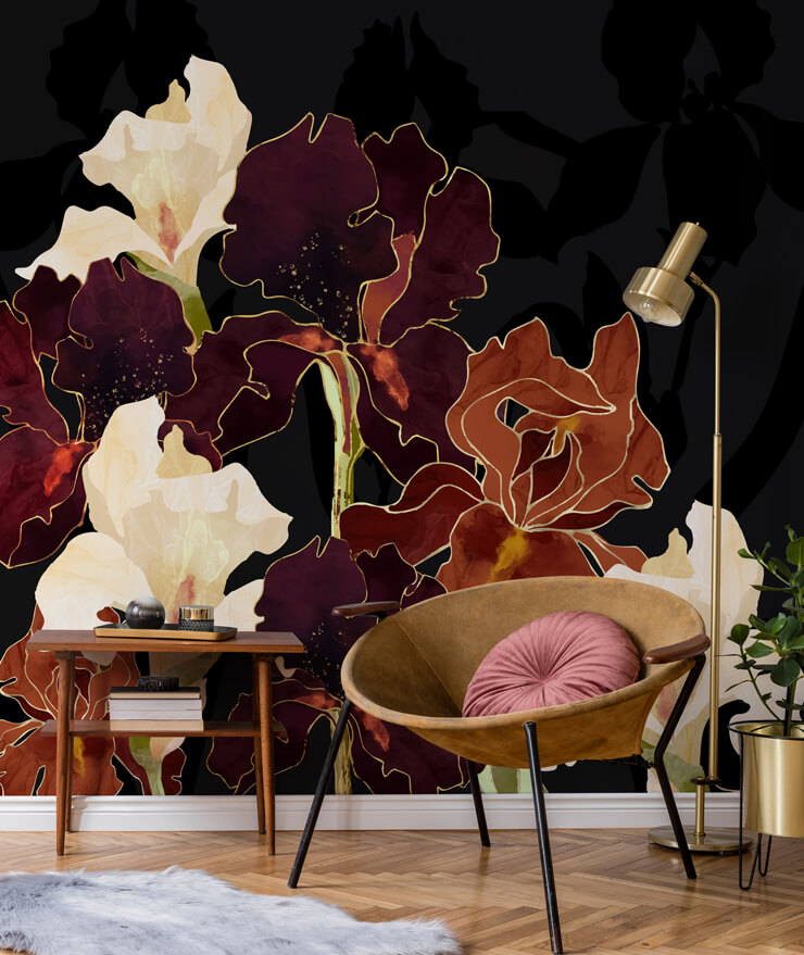 autumn iris dark floral mural 