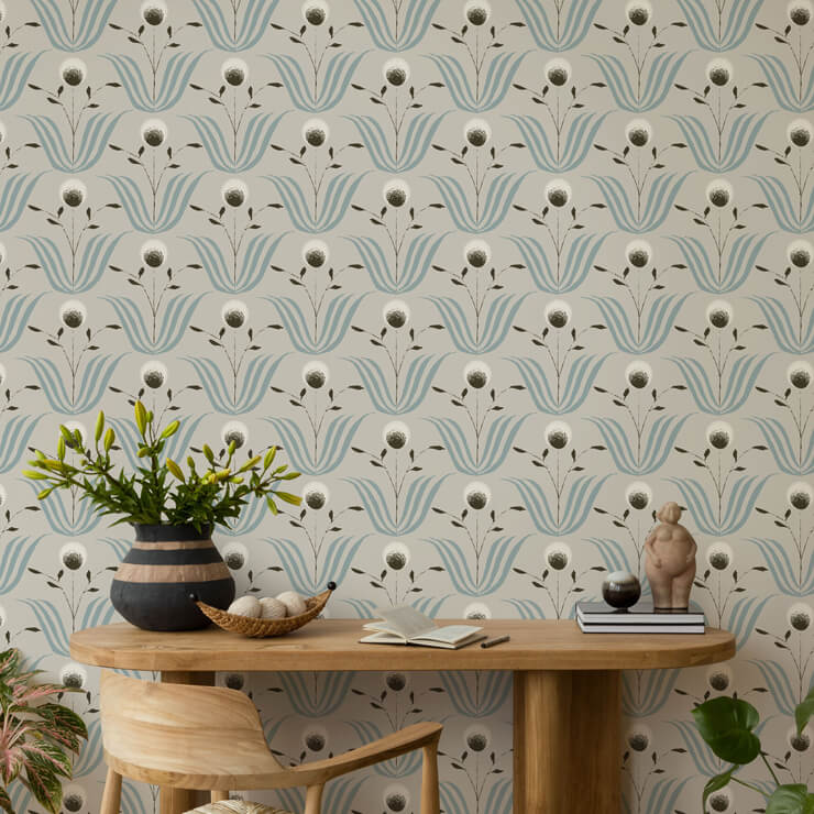 spring bloom - blue ivory floral wallpaper 