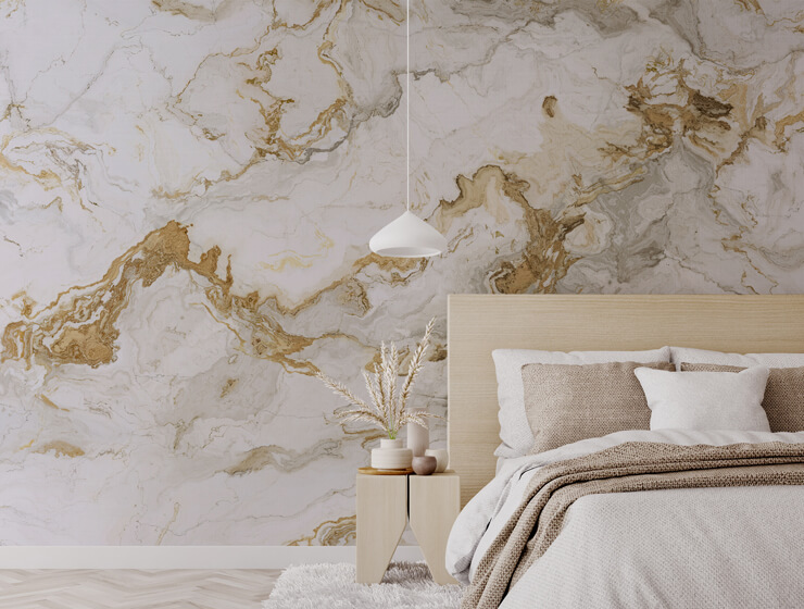 white marble with gold streak mural in a boho master bedroom