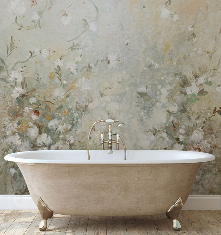 beige floral nature mural in a stylish bathroom
