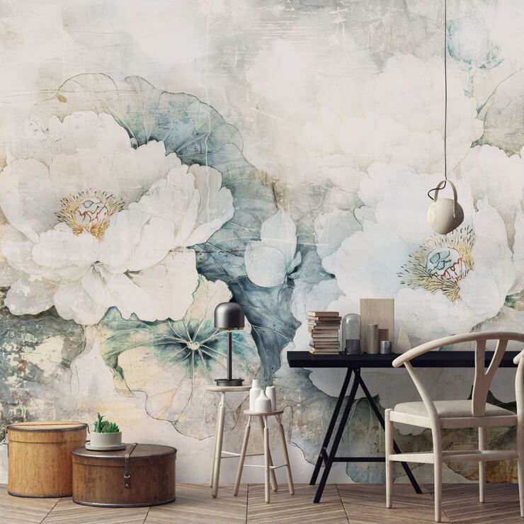 distressed white florals iii nature mural in a home office