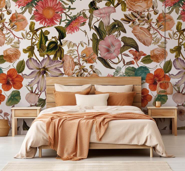 romantic garden nature mural in a master bedroom