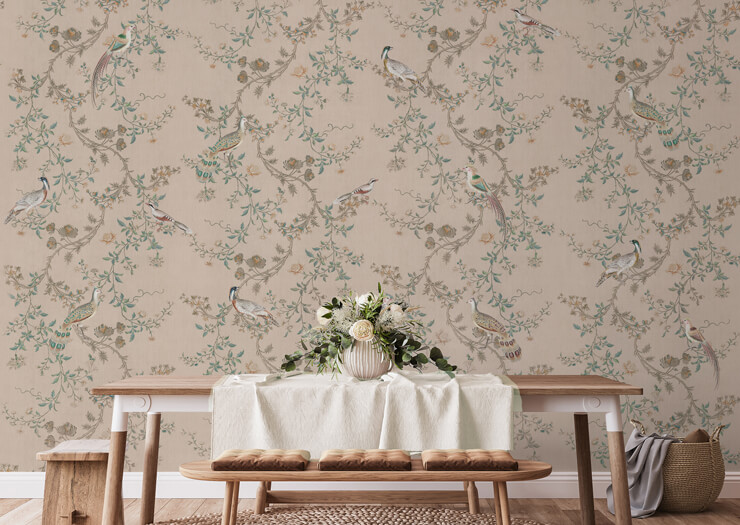 vintage blush pink chinoiserie mural in a dining room vintage blush pink chinoiserie mural in a dining room