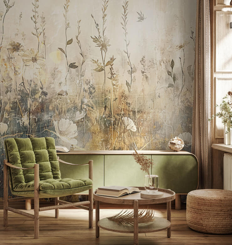 distressed bright florals ii mural in a living room distressed bright florals ii mural in a living room