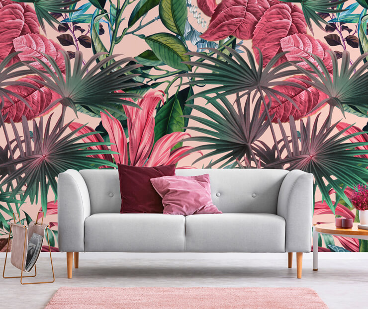 pink jungle wall mural in a living room pink jungle wall mural in a living room