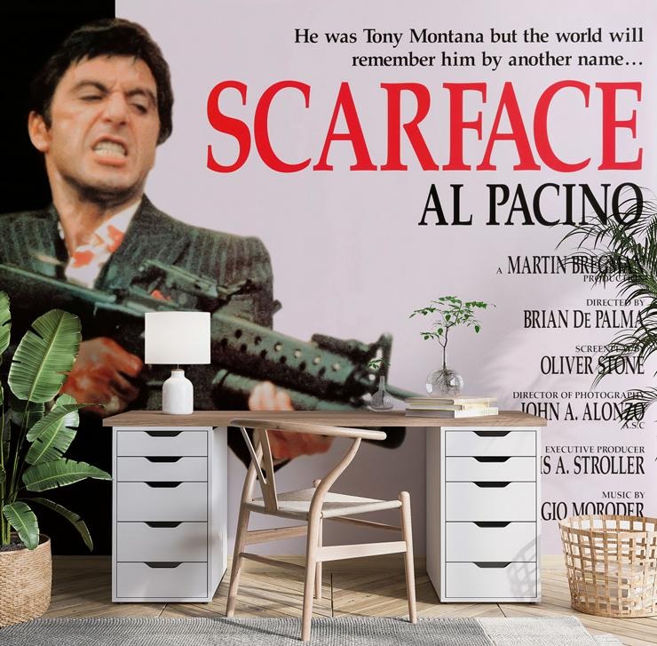 black and red scarface mural in a home office black and red scarface mural in a home office