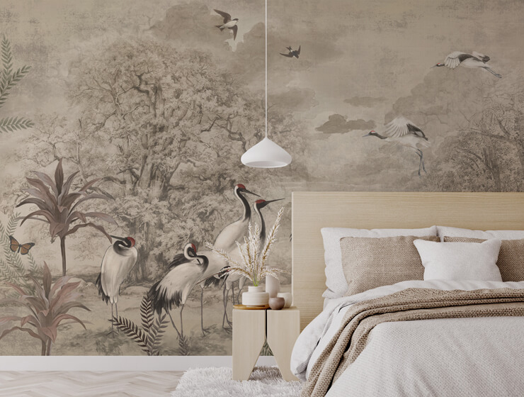 deep neutral jungle cranes wall mural in a boho bedroom deep neutral jungle cranes wall mural in a boho bedroom