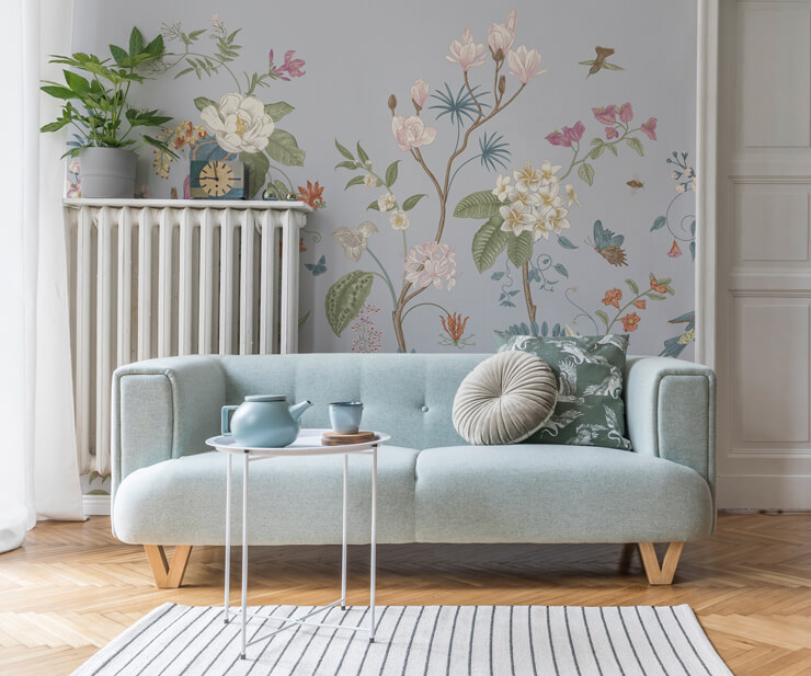 in full bloom chinoiserie wall mural in a living room in full bloom chinoiserie wall mural in a living room