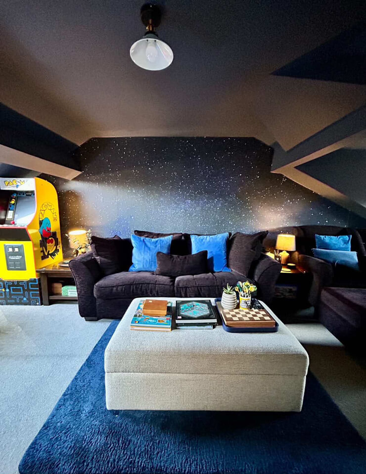 blue night starry sky space mural in a man cave blue night starry sky space mural in a man cave