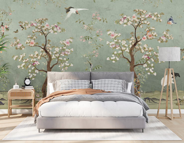 sage green lingering garden chinoiserie wall mural in a bedroom sage green lingering garden chinoiserie wall mural in a bedroom