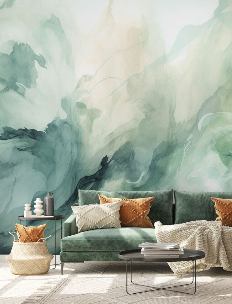 liquid sage smoke watercolour wall mural in a green living room liquid sage smoke watercolour wall mural in a green living room