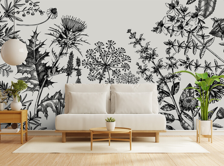 hand sketched herbs and flowers thistle wall mural in a living room hand sketched herbs and flowers thistle wall mural in a living room