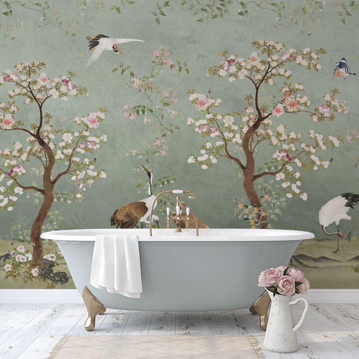 sage green chinoiserie mural in a bathroom sage green chinoiserie mural in a bathroom