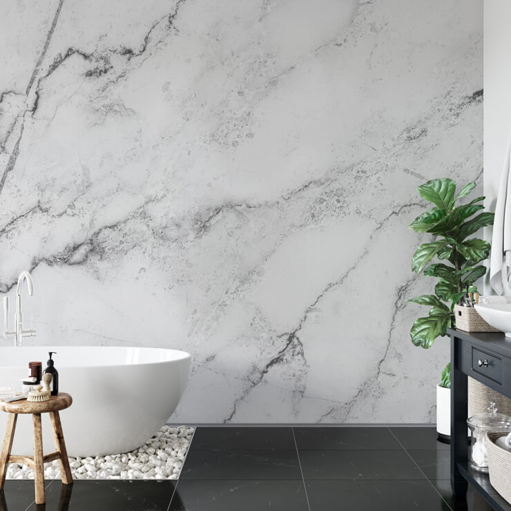 black and white marble mural in a bathroom black and white marble mural in a bathroom