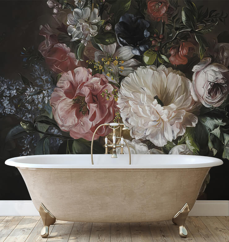 dark floral wall mural in a master bathroom dark floral wall mural in a master bathroom