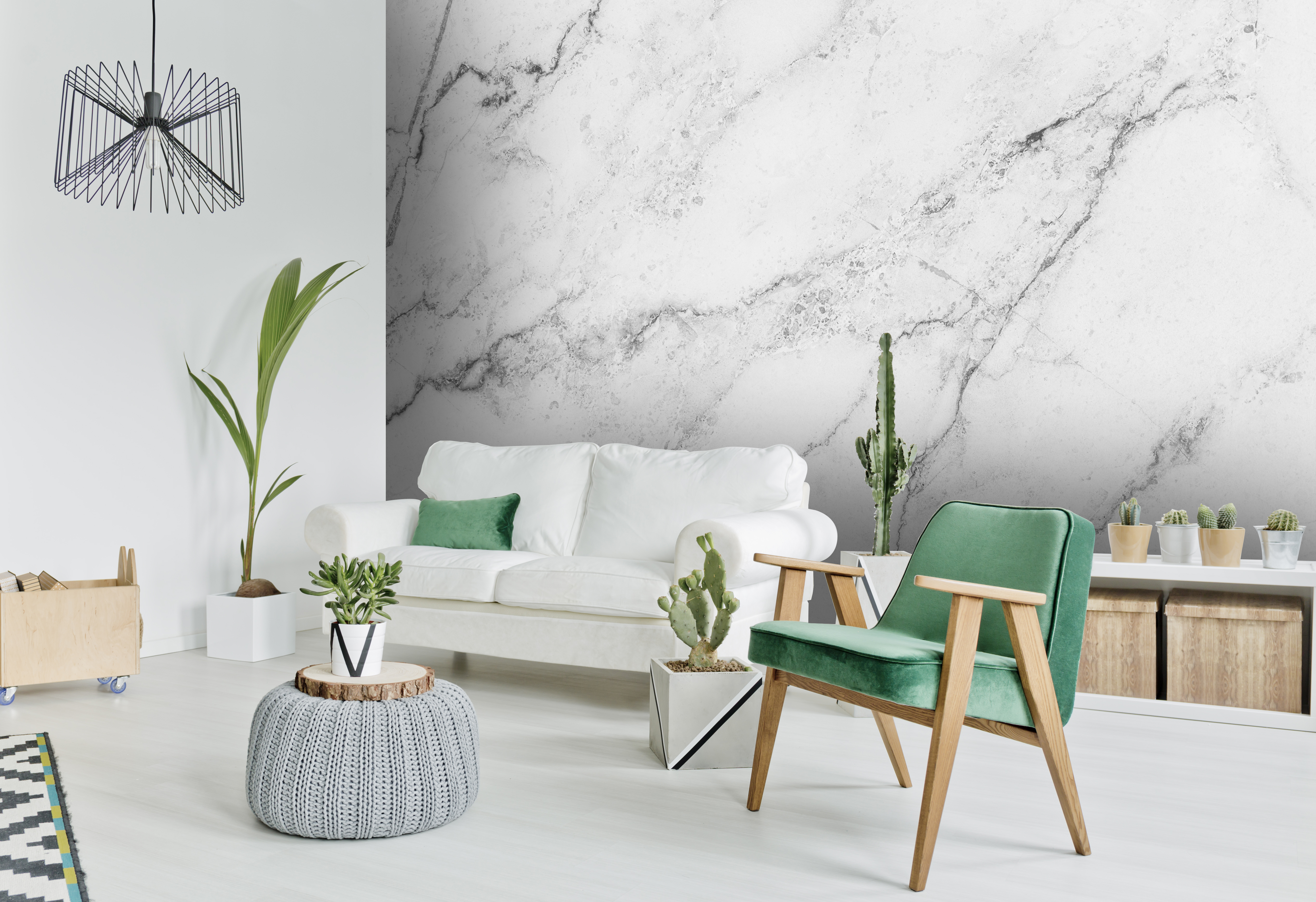White decor colour theory for your home featuring marble wallpaper