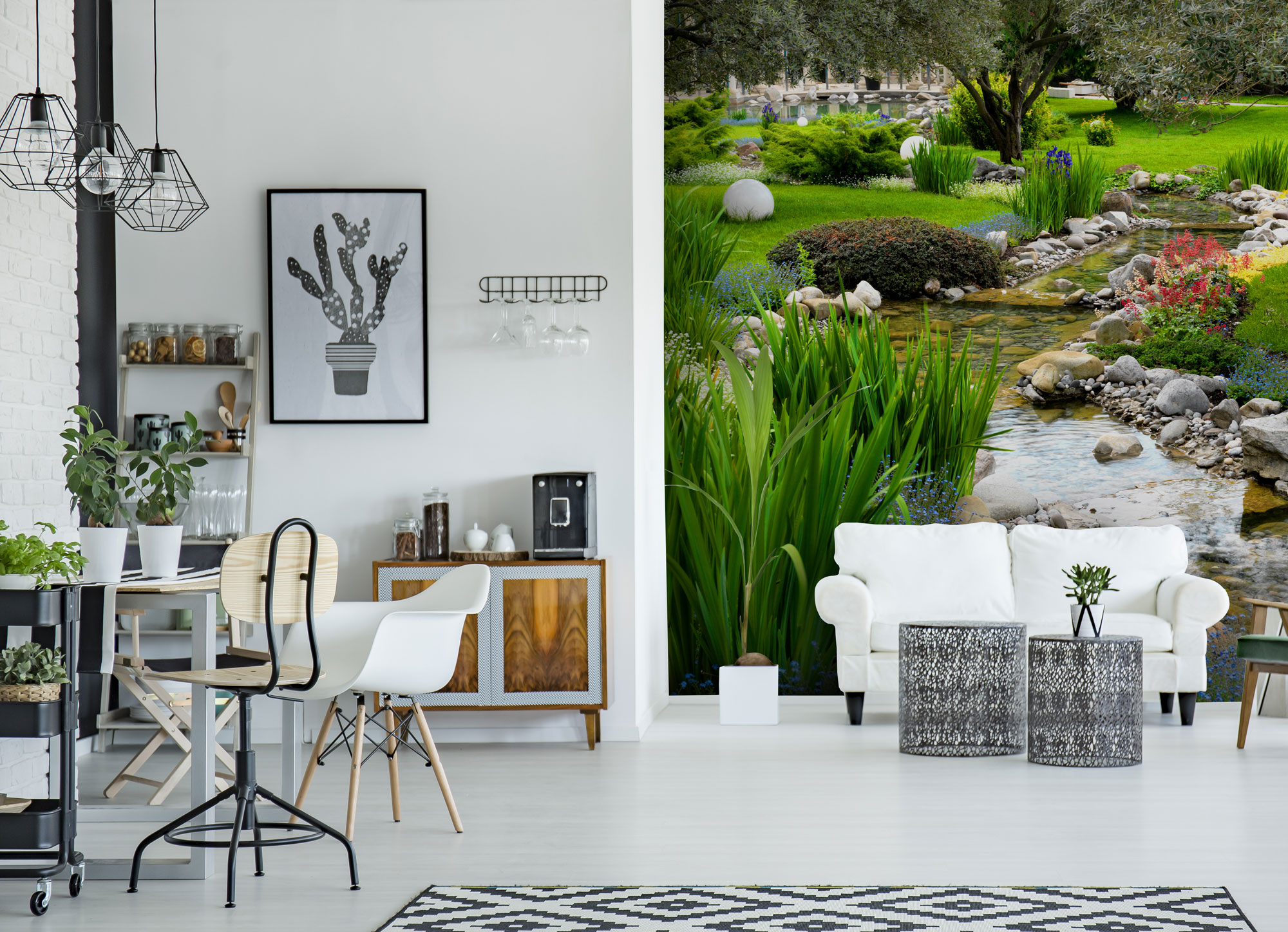 open plan living area with garden wallpaper