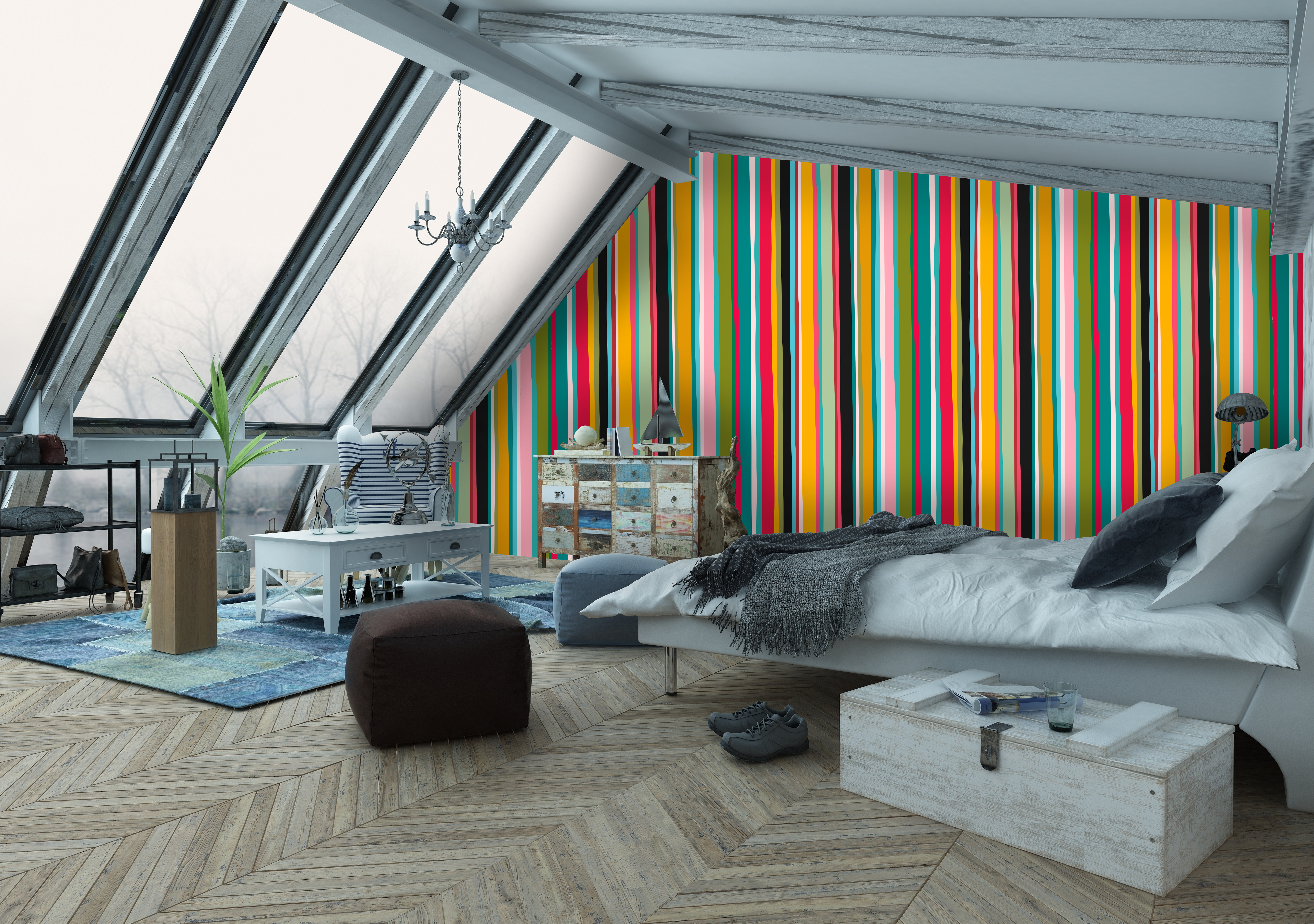 Sloping Ceiling Coloured Lines Wall Mural