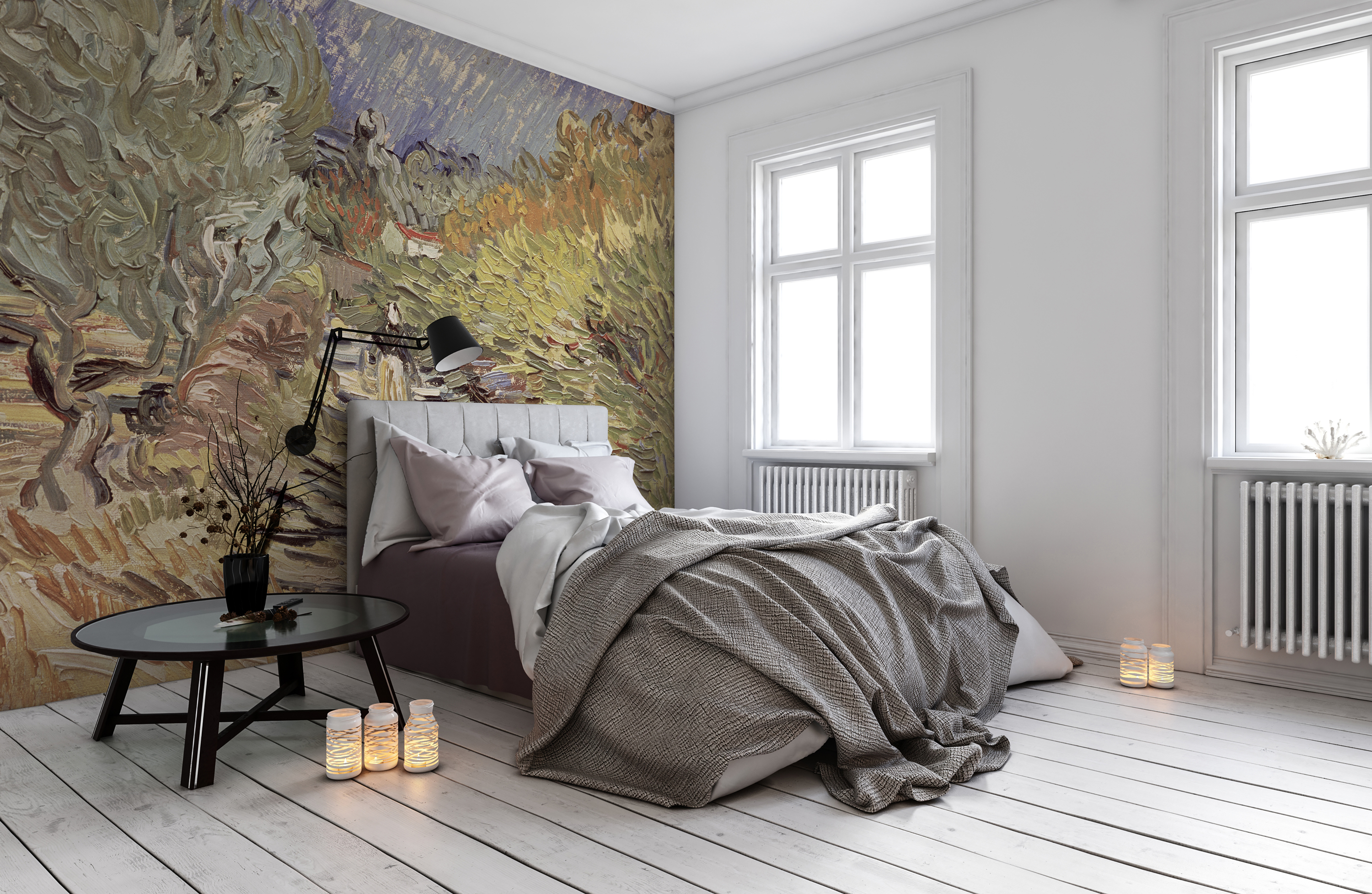 artistic painting wallpaper in stylish bedroom