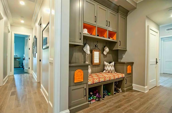 orange and green mudroom area