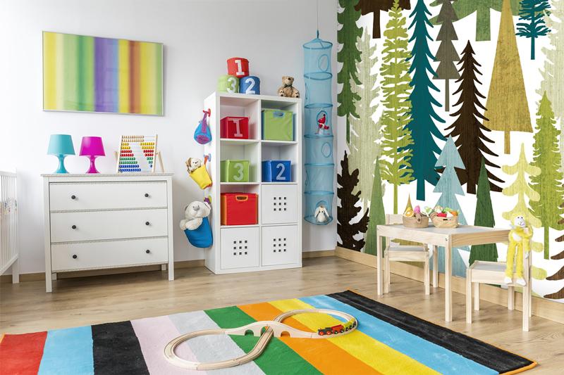 Illustrated tree mural in nursery