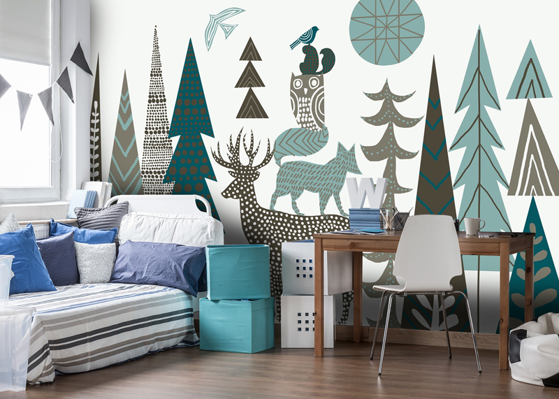 Scandi style tree mural in boys bedroom