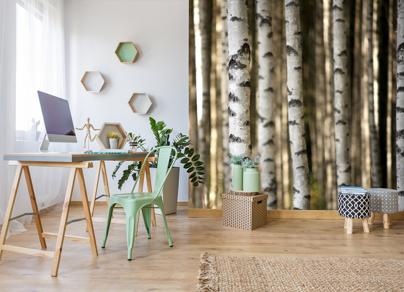 Tree bark mural in home study