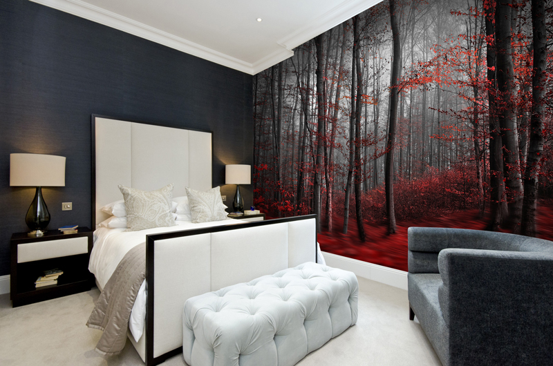 red-woodland-mural-in-bedroom