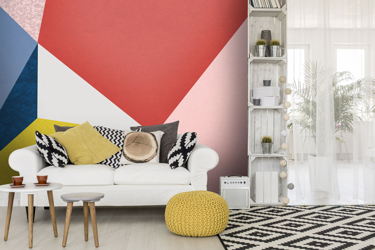 colourful abstract wallpaper in cosy living room