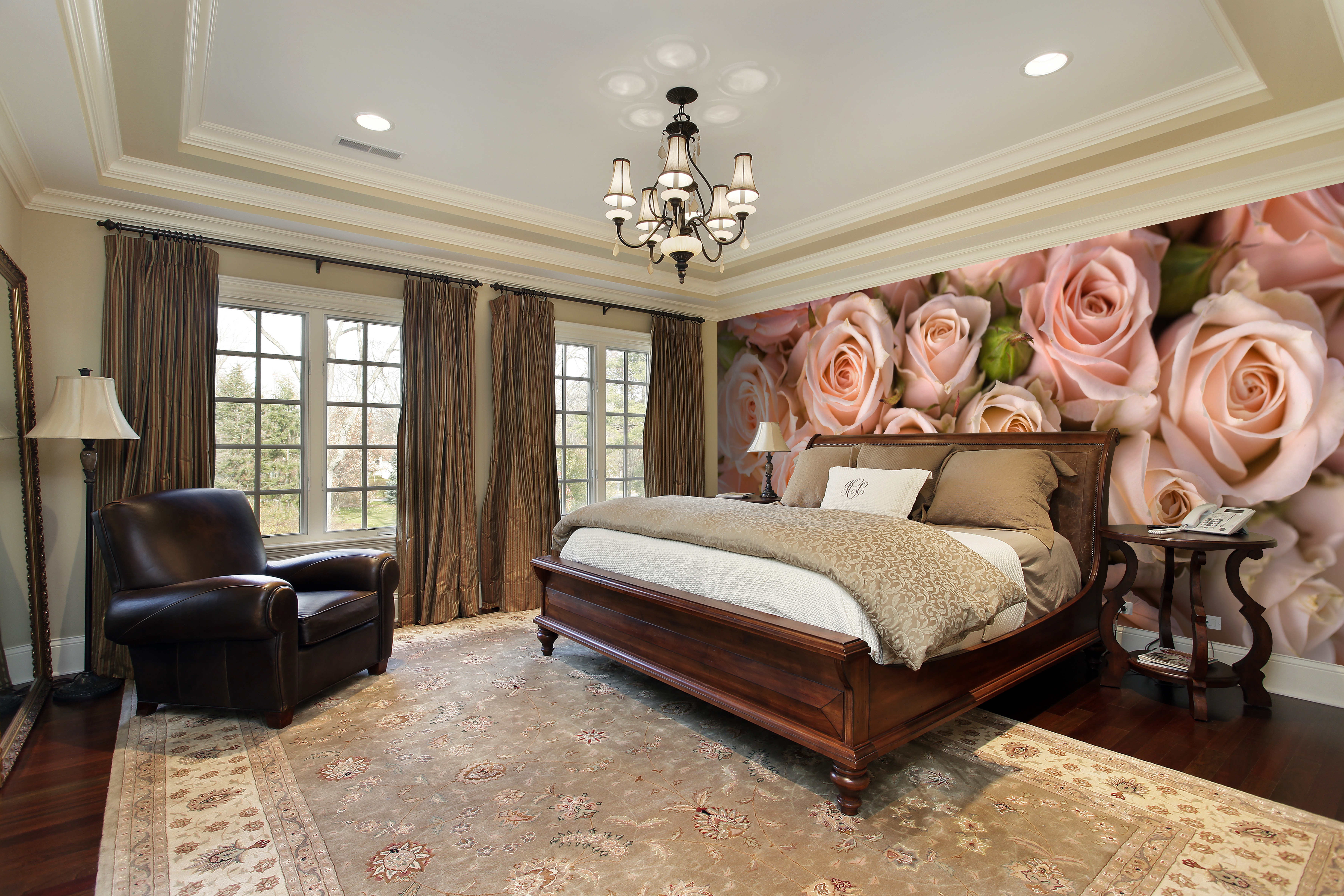 pink rose wall mural in traditional bedroom