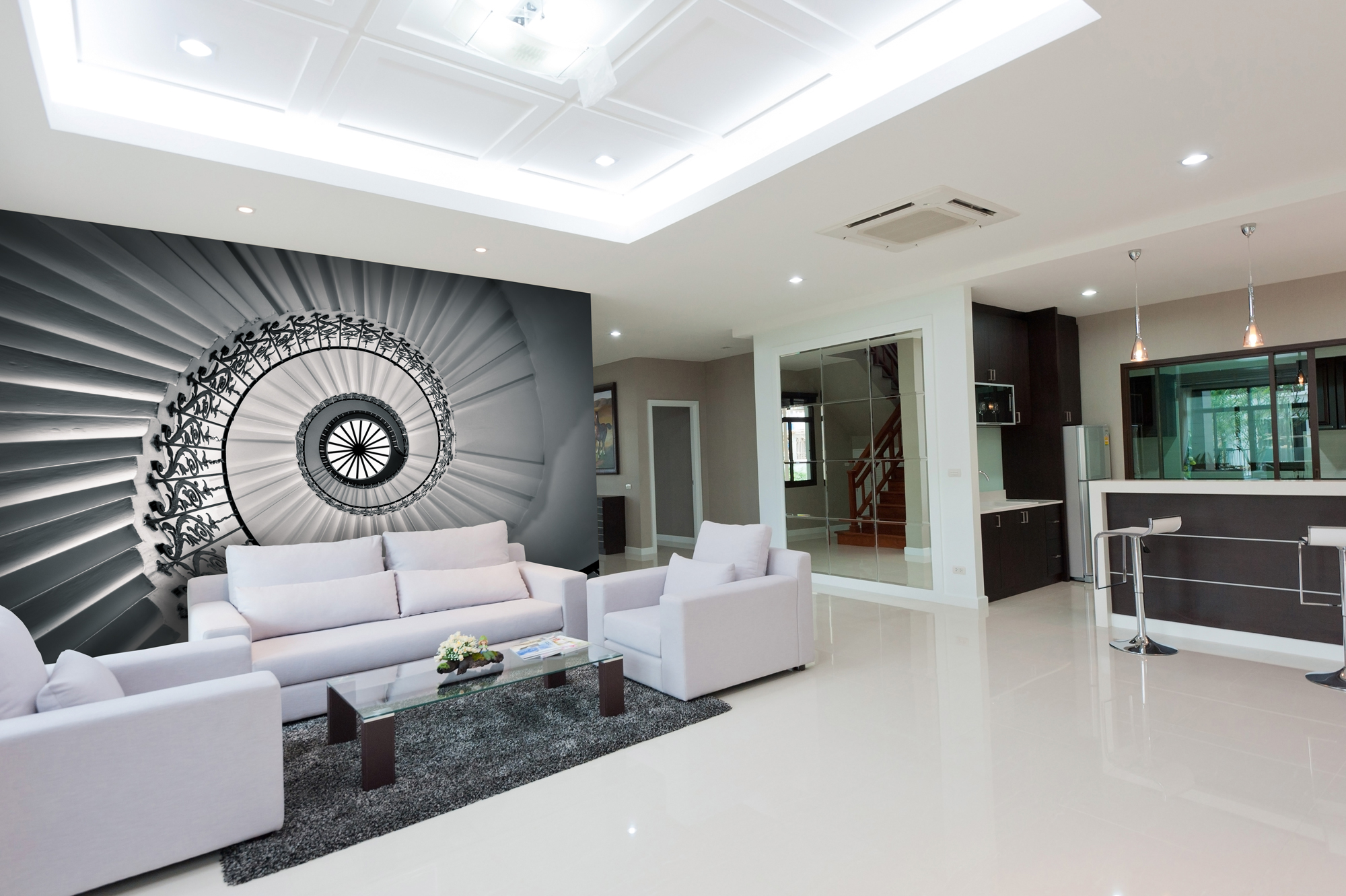 spiral staircase photo wallpaper in ultra stylish white seating area