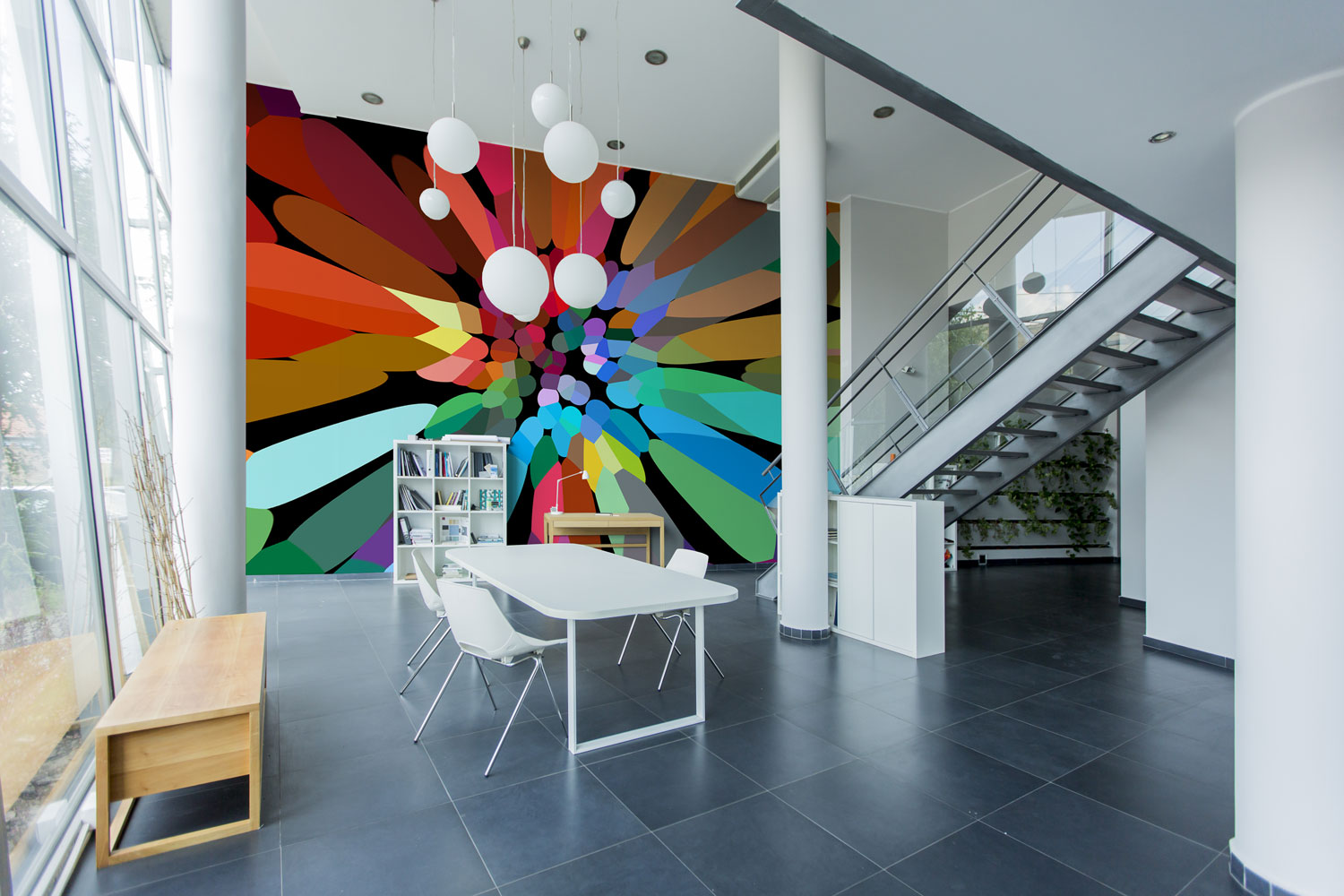 colourful abstract flower wallpaper in stylish office room